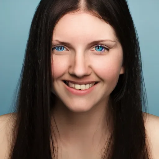 Image similar to mugshot of an smiling beautiful caucasian woman with long black hair, hooked nose, with light blue eyes and pale skin, high definition, 4k