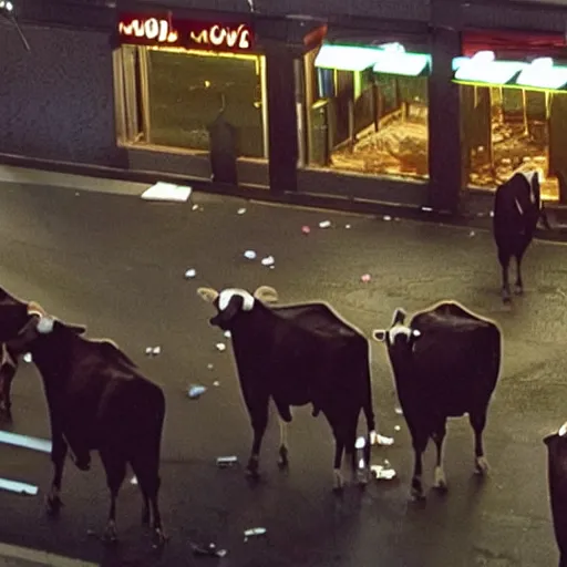 Prompt: movie still of cows trying to break into The Steakhouse at Circus Circus Casino during a riot, cows wearing suits, photorealistic, highly detailed