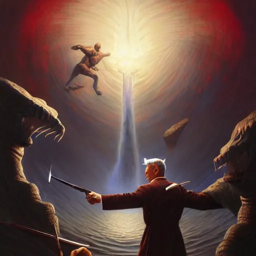 Image similar to highly detailed painting of ataturk fighting a looming demigod, dramatic, sense of scale, stephen bliss, unreal engine, greg rutkowski, ilya kuvshinov, ross draws, hyung tae and frank frazetta, tom bagshaw, tom whalen, nicoletta ceccoli, mark ryden, earl norem, global illumination, god rays, windswept