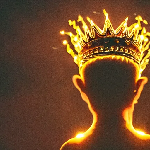 Image similar to Crown made of Bokeh on a head made of light on an angel with wings of fire standing on lava. Photo.