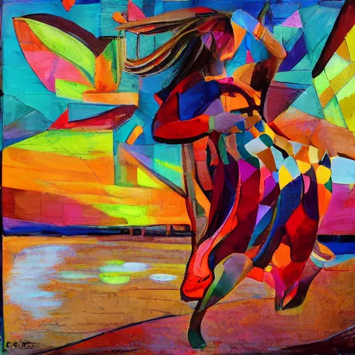 Image similar to beautiful sunset, fat woman dancing, cubism, muted colors, texture