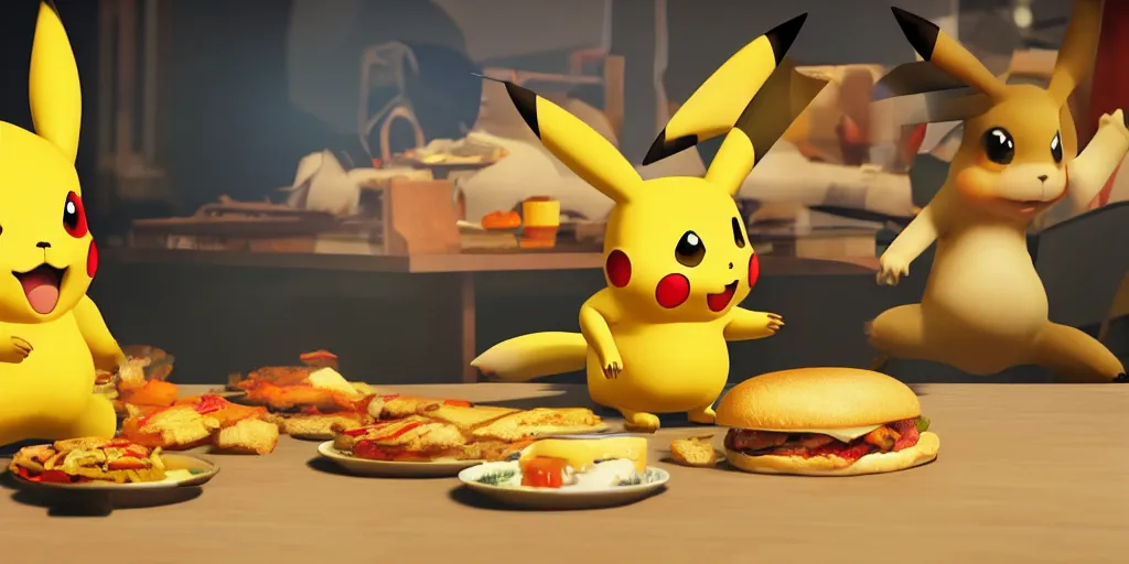 Image similar to a realistic Pikachu and a charizard next to a table eating a delicious hamburger, digital art, wide shot, highly detailed, hyperrealistic, photorealistic, unreal engine 5, very detailed, made by a professional 3d artist, dynamic lighting, trending on artstation, 4k uhd, epic composition, masterpiece