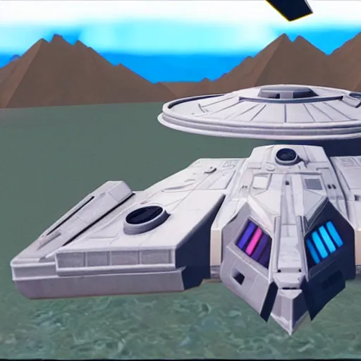 Image similar to screenshot from a Nintendo 64 game featuring the millennium falcon, low polygon, 90s video game aesthetic