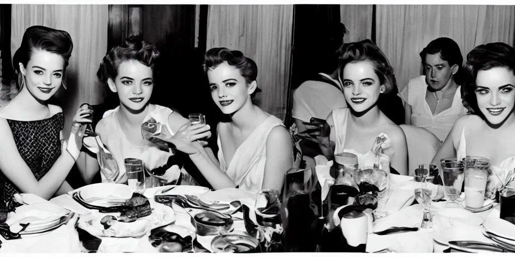 Prompt: b & w photo of emma stone and emma watson having dinner in the 1 9 5 0 s,