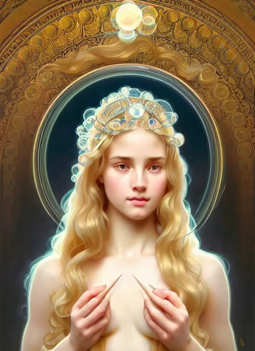 Prompt: perfectly feminine face!! full body portrait of young soap bubble goddess blessed by nature with ever - increasing physical mental perfection, blonde, symmetrical! intricate, sensual features, highly detailed, biblical divine holy perfection!! digital painting, artstation, concept art, smooth, sharp focus, illustration, art by artgerm and greg rutkowski and alphonse mucha