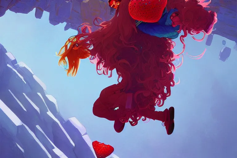 Image similar to madeline from celeste jumping to a big strawberry, ( ( ( blue bubble jacket ) ) ) ( ( ( red long hair ) ) ), highly detailed, digital painting, artstation, concept art, sharp focus, illustration, art by greg rutkowski and alphonse mucha