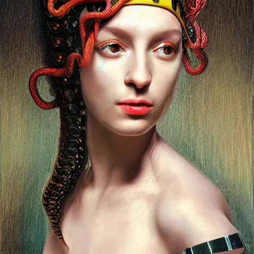 Prompt: hyper realistic portrait of medusa, classic painting, cyberpunk, electric snakes for hair, real photograph, canon eos 5 0 0 d