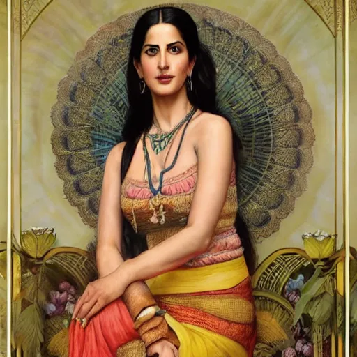 Prompt: Portrait of katrina kaif wearing assamese mekhela sleeveless silk saree, drawn by Donato Giancola and Tom Bagshaw, face by Artgerm, overall design by Alphonse Mucha, Assam tea village background by James Jean and Gustav Klimt, light by Julie Bell, 4k, porcelain skin, komorebi, french nouveau, trending on artstation, octane render, hyperrealistic