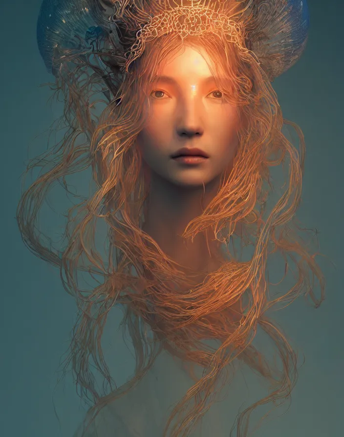 Image similar to goddess portrait. jellyfish phoenix head. intricate artwork by Tooth Wu and wlop and beeple. octane render, trending on artstation, greg rutkowski very coherent symmetrical artwork. cinematic, hyper realism, high detail, octane render, 8k