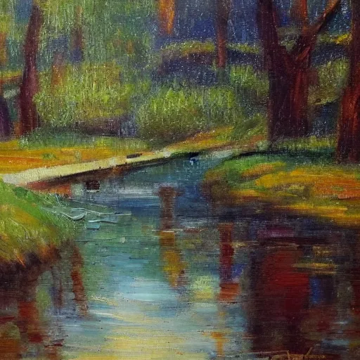 Image similar to a beautifully detailed impressionist painting of a winding river, oils on canvas