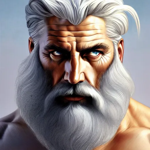 Image similar to painted portrait of rugged zeus, greek god, 4 0 years old, handsome, white hair, soft hair, upper body, muscular, hairy torso, fantasy, intricate, elegant, highly detailed, digital painting, artstation, concept art, smooth, sharp focus, illustration, art by artgerm and greg rutkowski and alphonse mucha