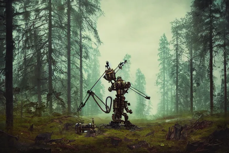 Image similar to steampunk mech standing in a swedish forest, very low angle photograph, very detailed, trending on artstation, realistic, soft colors, simon stålenhag