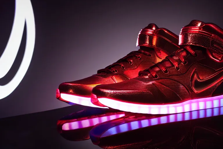 Image similar to mid product still of The New metallic Ironman Nike sneakers with glowing arc reactor swoosh, 4k