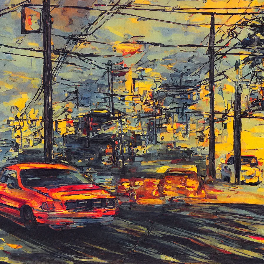 Image similar to a painting of a frightened car being menaced by telephone poles, saturated color scheme