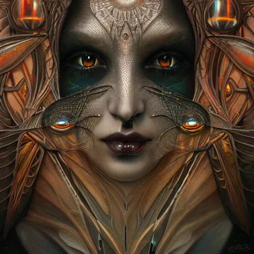 Image similar to beautiful closeup portrait of an art deco witch, glowing eyes. reflective detailed textures, moth wings, highly detailed dark fantasy science fiction painting by tom bagshaw and michael whelan and diego rivera and annie swynnerton and jean delville, elaborate geometric ornament, ancient runes, silver and cool colors. artstation