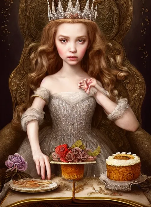 Image similar to highly detailed closeup, straight fingers, portrait of a fairytale medieval princess wearing a crown and sitting on a throne eating cakes, unreal engine, nicoletta ceccoli, mark ryden, earl norem, lostfish, global illumination, god rays, detailed and intricate environment