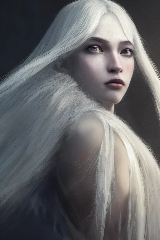 Image similar to a fancy portrait of a beautiful young girl with silver hair and golden eyes by greg rutkowski, sung choi, mitchell mohrhauser, maciej kuciara, johnson ting, maxim verehin, peter konig, bloodborne, 8 k photorealistic, cinematic lighting, hd, high details, dramatic, dark atmosphere, trending on artstation