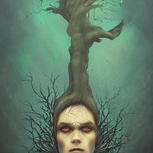 Image similar to sad man, half of face is gone, moss is growing out, despair, thoughts escaping mind, by Anato Finnstark, Tom Bagshaw, Brom