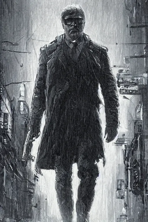 Image similar to Teddy Roosevelt. blackops spy in near future tactical gear, stealth suit, and cyberpunk headset. Blade Runner 2049. concept art by James Gurney and Mœbius.