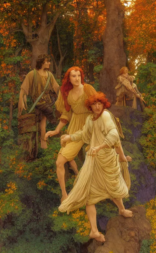 Image similar to adventurers journeying into Rivendell at sunset in the autumn, by Maxfield Parrish, Mucha, Donato Giancola, Thomas Kincade, and James Gurney