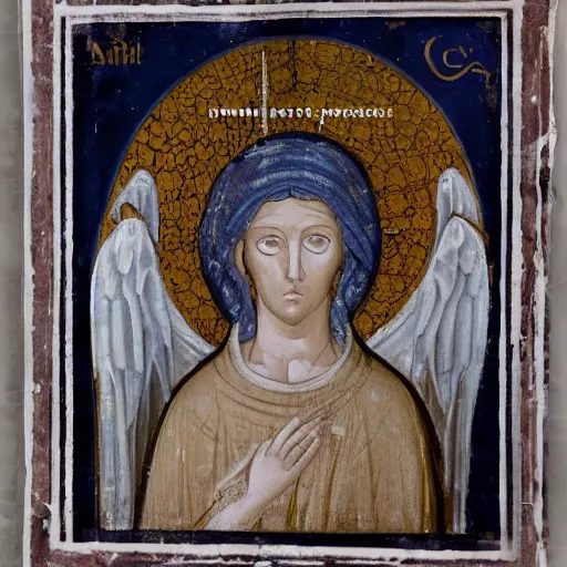 Image similar to realistic medieval painting portrait of white angel with clean narrow face like noface, 3 / 4, miracle light coming up from the head up and up, misty space, grace and blessing, by theophanes the greek, by andrei rublev, renaissance, christianity, marble stone, glow effect, white background