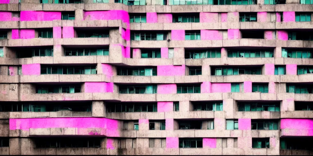 Image similar to a photo of a brutalist building ruins with accents of pink and cyan. dark and moody.