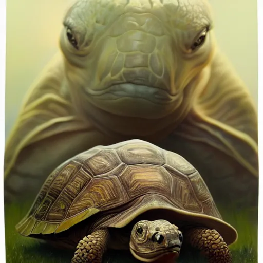 Image similar to amazingly beautiful portrait of a hyper realistic mitch mcconnell as a tortoise painted by greg rutkowski, artgerm, alphonse mucha, concept art, octane render, highly detailed, high quality, 8 k, soft lighting, path traced