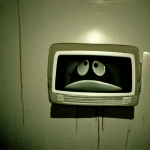 Image similar to a high flash photo of a television with a screaming face on it in an empty house, 2 0 0 6, taken with a disposable camera