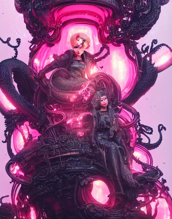 Prompt: close-up portrait beautiful woman, short pink hair, black beret, sitting on intricate throne, ancient high tech, cyberpunk, dystopian, jellyfish phoenix dragon, butterfly squid, burning halo, intricate artwork by Tooth Wu and wlop and beeple, greg rutkowski, very coherent symmetrical artwork, cinematic, hyper realism, high detail, octane render, unreal engine, 8k, Vibrant colors, Smooth gradients, High contrast, depth of field, aperture f1.2