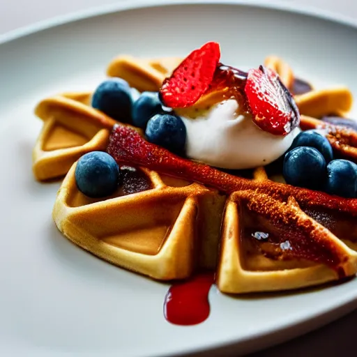 Image similar to a promo photo of a michelin star dish, deconstructed waffle, minimalist, colorful,