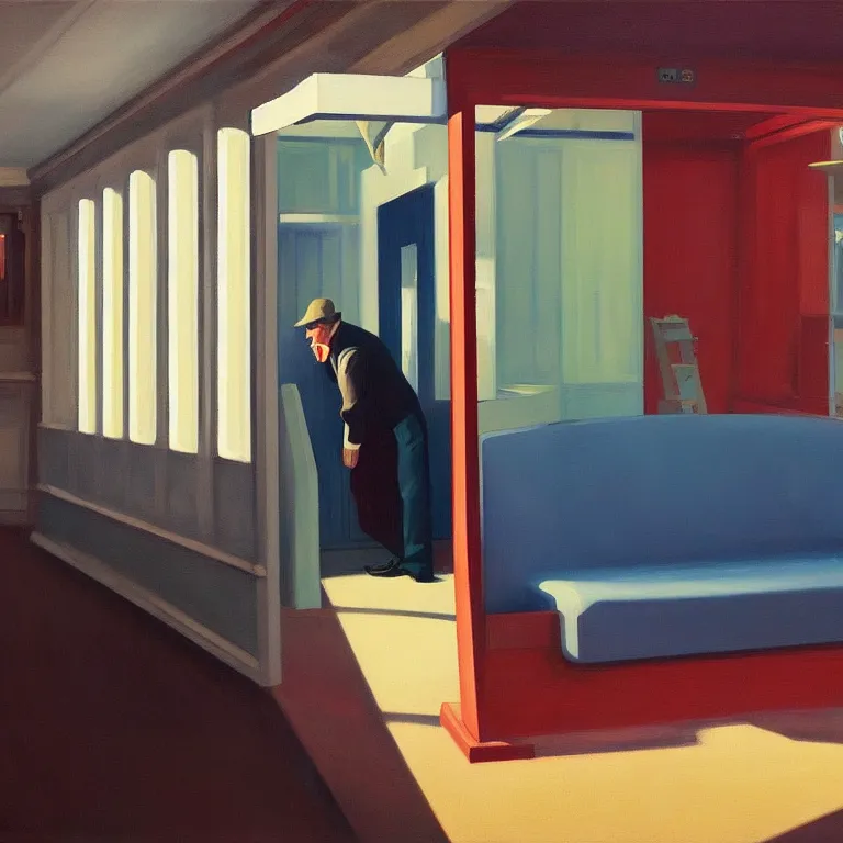 Prompt: inside phonebooth, painted by Edward Hopper, painted by James Gilleard, airbrush