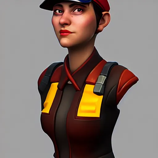 Image similar to 3 d render portrait of engineer from team fortress 2 by valve as a woman, 4 k, 8 k, hd, high resolution, highly detailed, ultra realistic faces, digital art, trending on artstation, team fortress 2