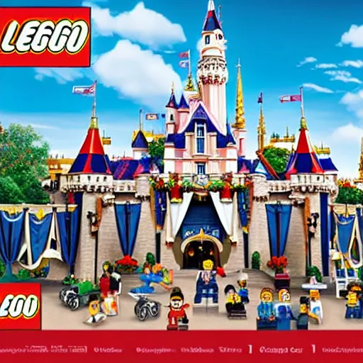 Prompt: Box art for a LEGO set of the entire Disneyland park