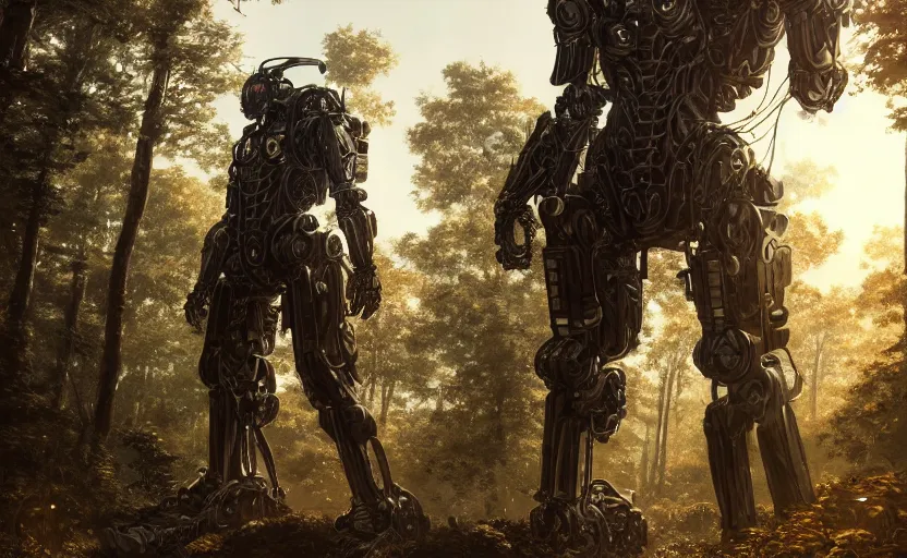 Prompt: detailed intricate digital illustration by greg rutkowski and artgerm and wlop and sanford robinson gifford ; bearded man in an advanced warfare exoskeleton mech suit, standing in the yggdrasil forest large trees ; 1 3 mm film, arri alfa anamorphic lens ; sharp focus, golden hour lighting, trending on artstation 4 k ; close view