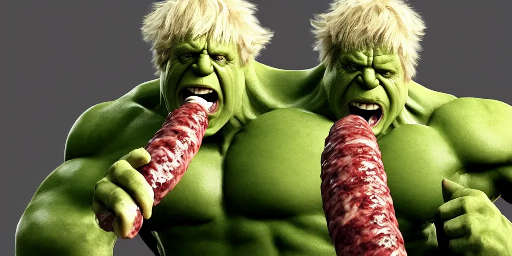 Image similar to boris johnson as the hulk eating a big sausage, focused shot, realistic, octane render