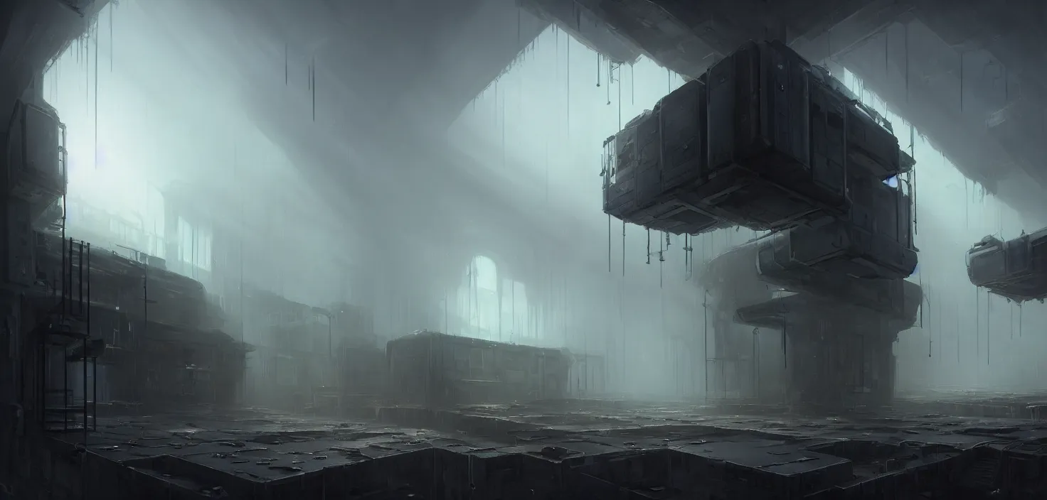 Prompt: gloomy ruined server room in datacenter painting concept art, pacing, computers, racks, motherboard, cinematic view, epic sky, detailed, concept art, low angle, high detail, warm lighting, volumetric, godrays, vivid, beautiful, trending on artstation, by jordan grimmer, huge scene, grass, art greg rutkowski