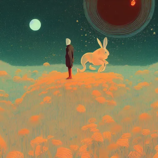 Image similar to A rabbit full of hope, looking for a black hole in an infinite time loop by Victo Ngai and Ghibli andlisk feng and atey ghailan