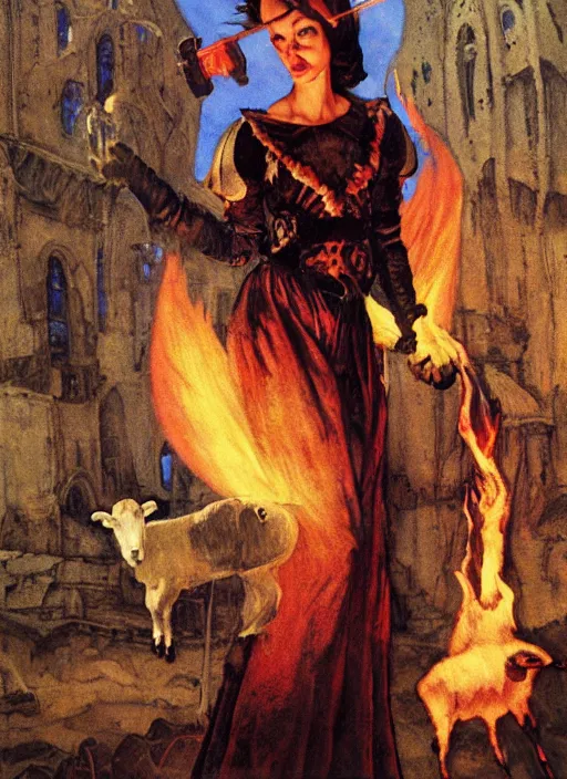 Image similar to styliah witch burning with a goat in her hands, glowing fire, medieval castle, by mikhail vrubel, by peter elson, muted colors, extreme detail, trending on artstation, 8 k