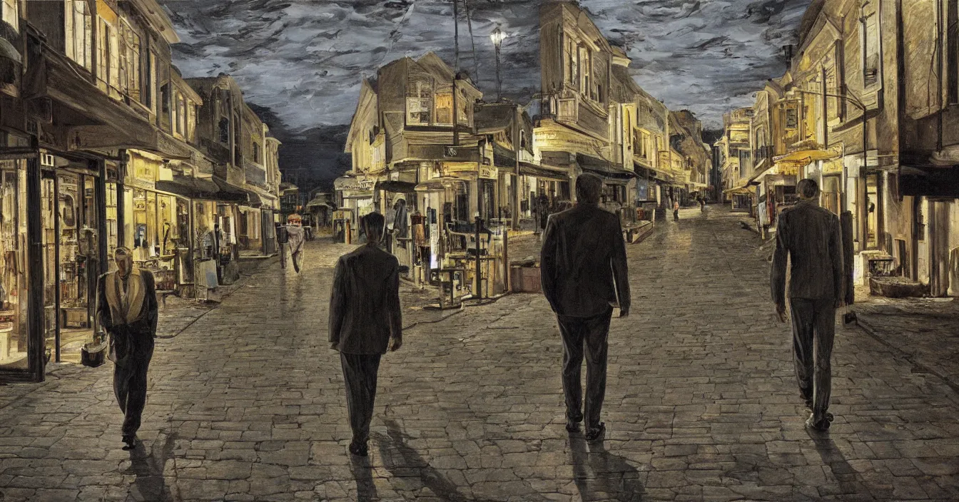 Prompt: high quality high detail painting of todd solondz walking with a friend in an empty tel aviv street, night, by lucian freud and gregory crewdson, hd, photorealistic lighting