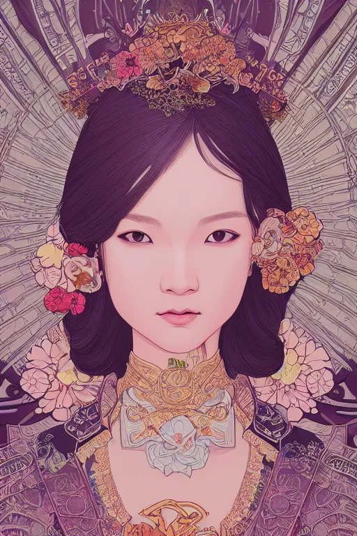 Image similar to beautiful and detailed digital illustration of thai princess by kittichai rueangchaichan and Ilya Kuvshinov, floralpunk, Artstation, art nouveau aesthetic, Alphonse Mucha background, intricate details,concept art, realistic, dramatic