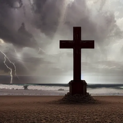 Prompt: a highly detailed matte painting of a large cross standing on the beach as a storm comes in with the tide, woman in a chair watching the ocean, epic fantasy, god rays, rocky beach, ultrawide lense, aerial photography, unreal engine, exquisite detail, 8 k, art by greg rutkowski and alphonse mucha