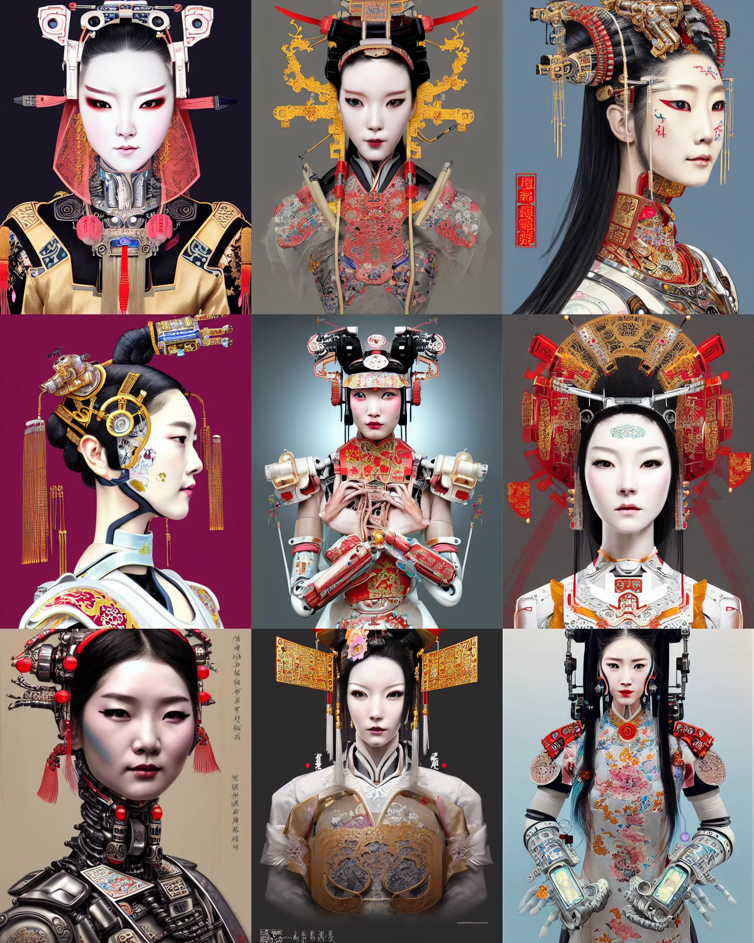 Prompt: upper half portrait of a female robot with machine head gear cyberpunk face accessories, decorated with chinese opera motifs, royal, fine china, wuxia, hanfu, traditional chinese art intricate intense elegant highly detailed digital painting artstation concept art smooth sharp focus illustration, art by mike nash and artgerm and alphonse mucha and vania zouravliov, 8 k