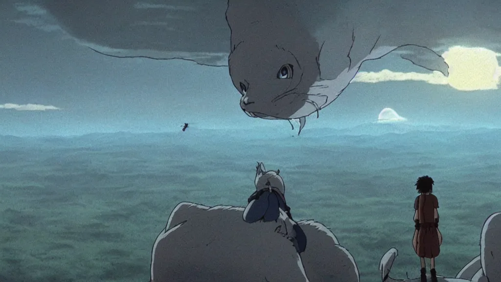 Image similar to a cell shaded cartoon movie still from princess mononoke ( 1 9 9 7 ) showing a ufo from independence day ( 1 9 9 6 ) in the air above a city. very dull muted colors, hd, 4 k, hq