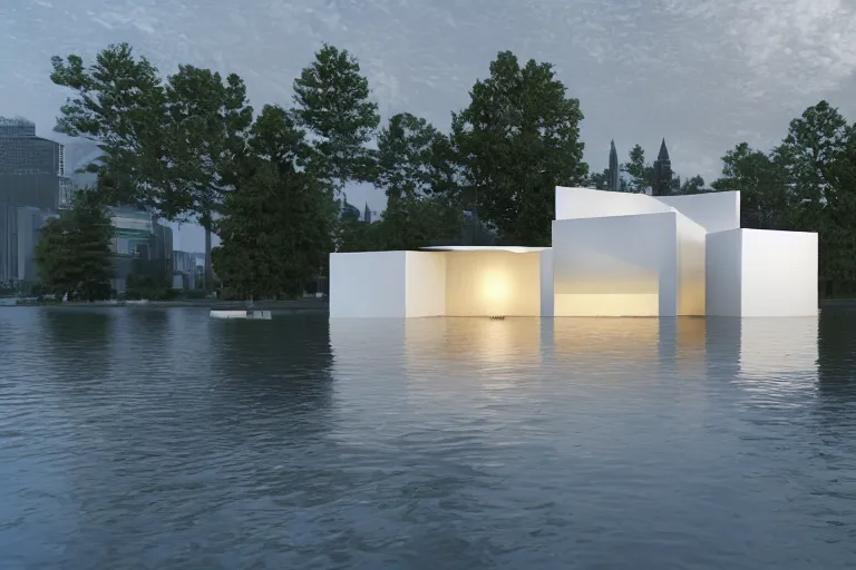 Prompt: a lot of white egg shaped spherical spaces are combined and intersected to form a skum white building. on the calm lake surface, people's perspective, future, interior wood, marble, award winning, highly detailed 4 k art, dusk, unreal engine highly rendered, global illumination, radial light, internal environment