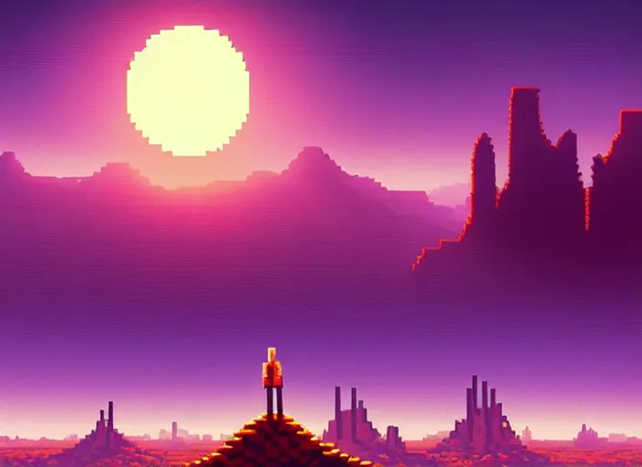 Image similar to detailed pixel art, science fiction pc game point - and - click adventure, lucas arts, desert with city in the skyline, two suns, purple orange colors, sharp focus, illustration, highly detailed, digital painting, concept art, matte, art by wlop and artgerm and greg rutkowski, masterpiece