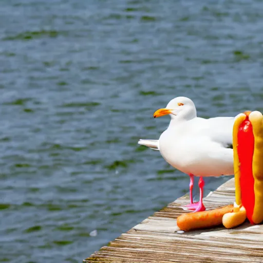 Image similar to seagull with hot dog hanging out of beak.