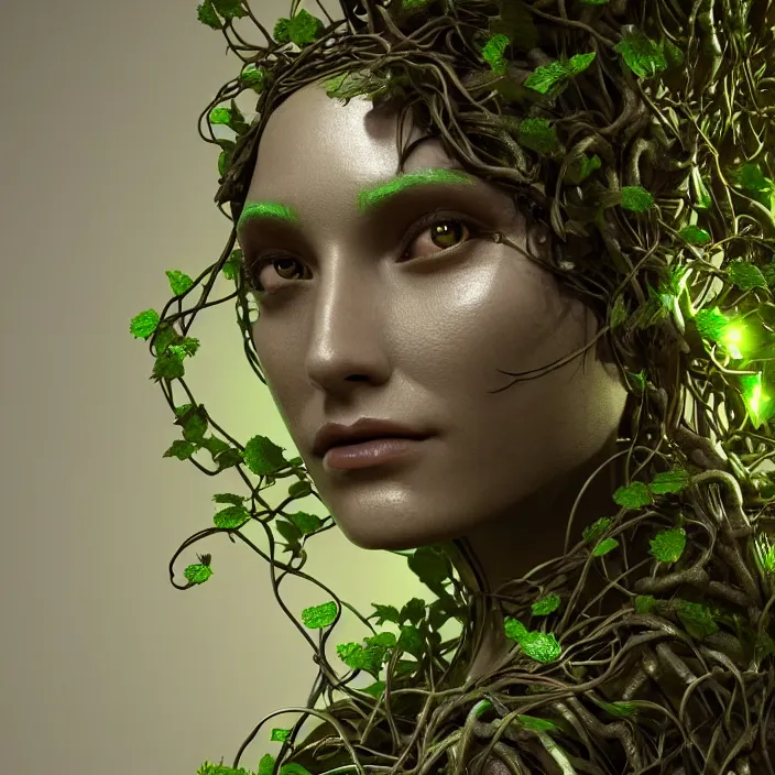 Prompt: female cyborg dryad portrait, entwined by vines and roots, octane render, cosmos background, surreal, light shining through, hyper - realistic, highly detailed, sharp focus, smooth, intricate