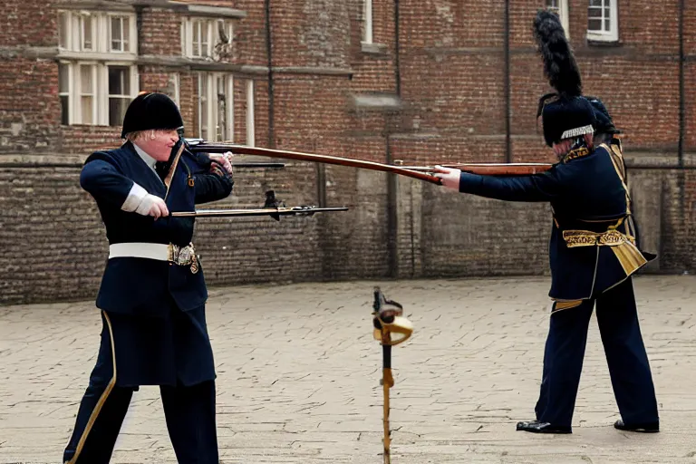 Image similar to closeup portrait of boris johnson dressed as a queen's guard firing a musket in a london street, natural light, sharp, detailed face, magazine, press, photo, steve mccurry, david lazar, canon, nikon, focus