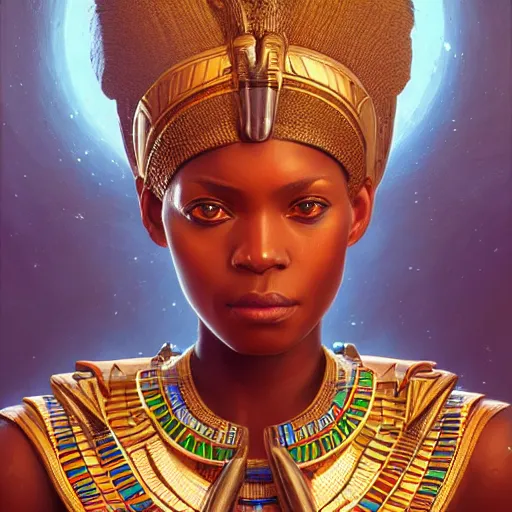 Image similar to highly detailed portrait of an african egyptian goddess, intricate alien technology, stephen bliss, unreal engine, fantasy art by greg rutkowski, loish, rhads, ferdinand knab, makoto shinkai and lois van baarle, ilya kuvshinov, rossdraws, tom bagshaw, global illumination, radiant light, detailed and intricate environment