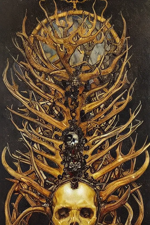 Image similar to The Crown of Bones by Karol Bak, Jean Deville, Gustav Klimt, and Vincent Van Gogh, mystic eye, otherworldly, crown made of bones, antlers, horns, ornate jeweled crown, skull, fractal structures, arcane, inferno, inscribed runes, infernal relics, ornate gilded medieval icon, third eye, spirals, rich deep moody colors